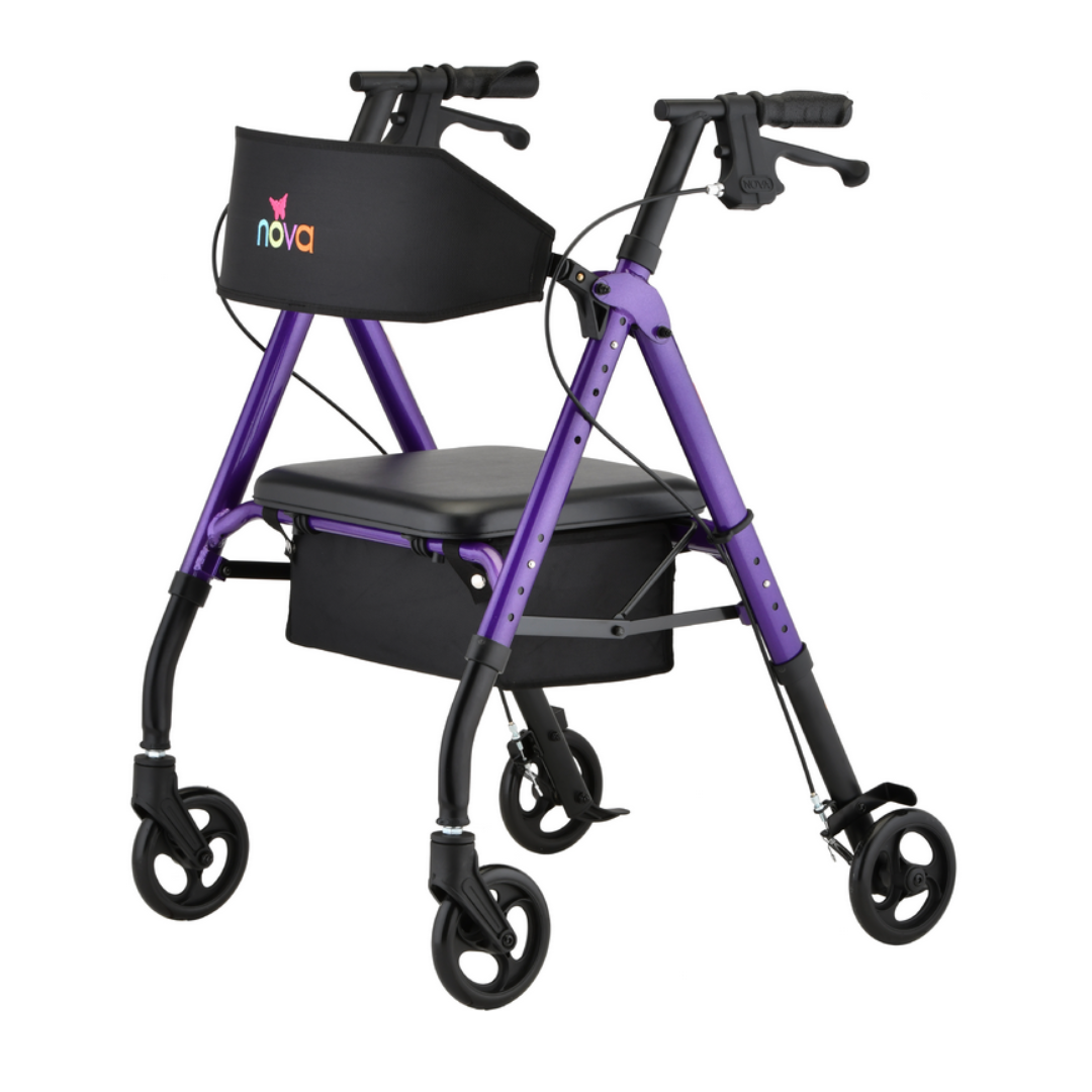 The Nova Medical Star 6 OS Rollator Walker is a lightweight, foldable purple and black walker with a seat, storage basket, hand brakes, and a branded black pouch on the front.